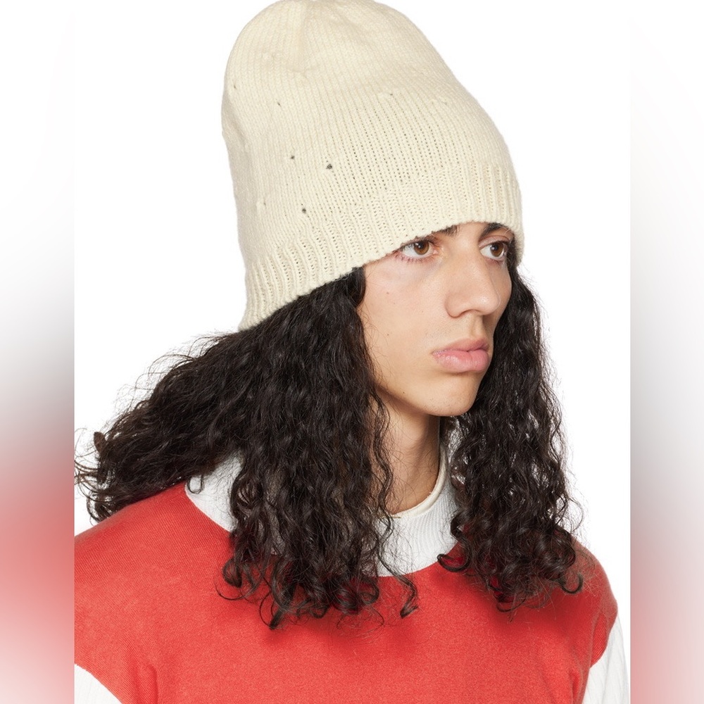Molly Goddard Mallory Beanie Cap Rib Knit Perforated 100% Lambswool Cream NWT
